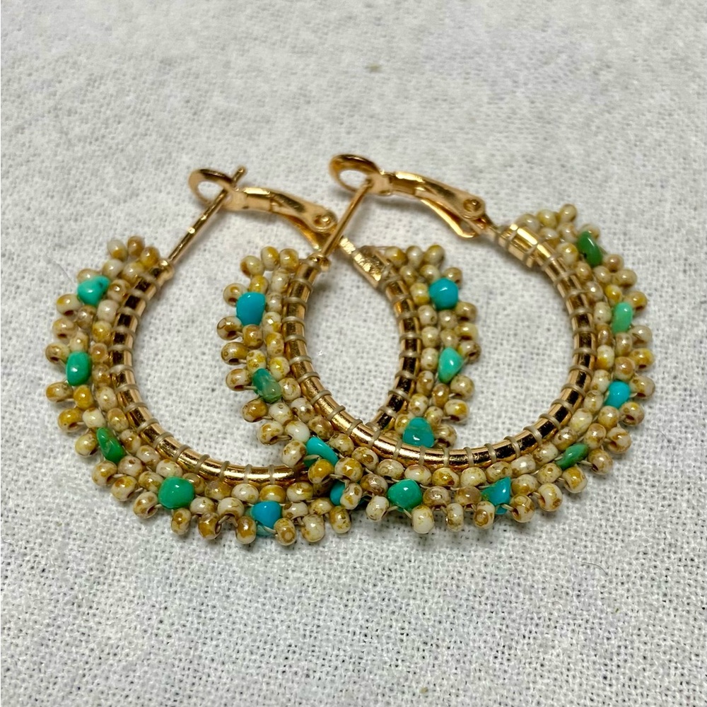 Desert Sands Beaded Hoop Earrings With Turquoise